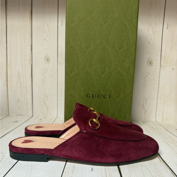 Gucci Princetown Horsebit Suede Mule Flat Burgundy Sz 37 / 7 - Picture 2 of 12